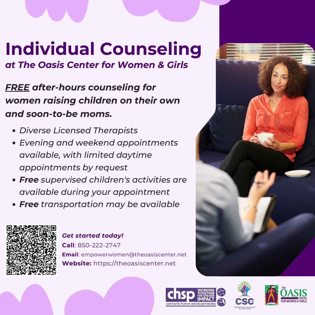 Individual Counseling at The Oasis Center for Women & Girls offering free after-hours counseling for women raising children on their own and soon-to-be mothers. Highlights include licensed therapists, evening and weekend appointments, supervised children’s activities during sessions, and possible free transportation. Includes a QR code and contact information, along with an image of a counseling session.