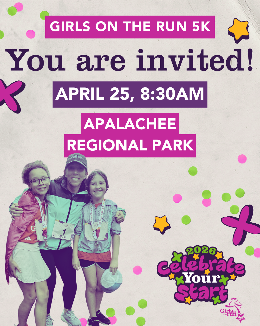 Girls on the Run 5K, You are Invited! April 25, 8:30 AM, Apalachee Regional Park, 2026 Celebrate Your Start