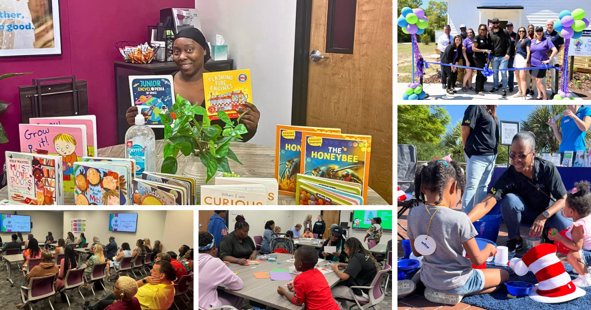 Collage of photos depicting the Family Resource Center staff engaged in the community