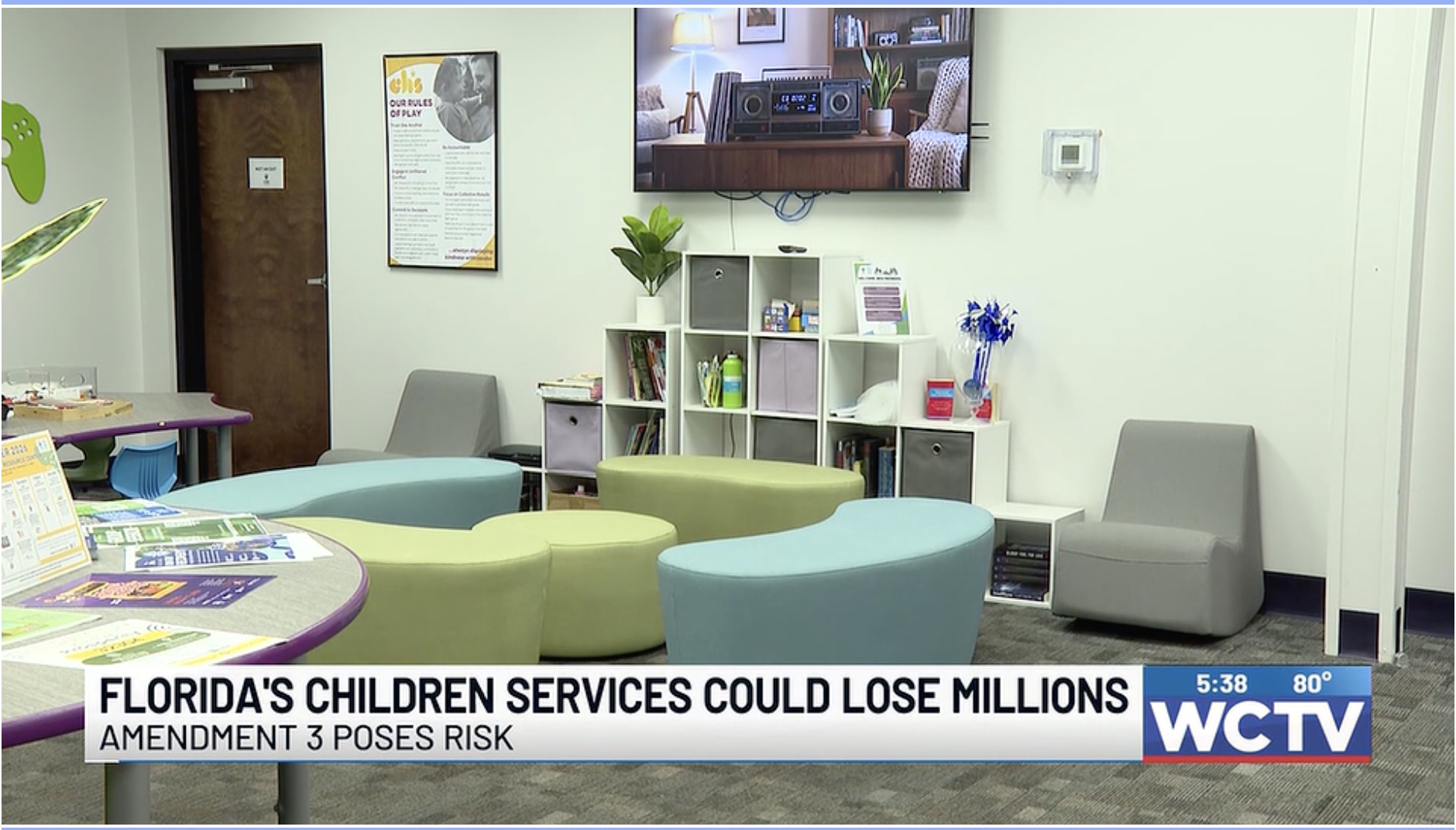 Picture of CSC Leon Family Resource Center main space is shown. WCTV Title at the bottom of the screen reads Florida's Children Services Could Lose Millions: Amendment 3 Poses Risk/