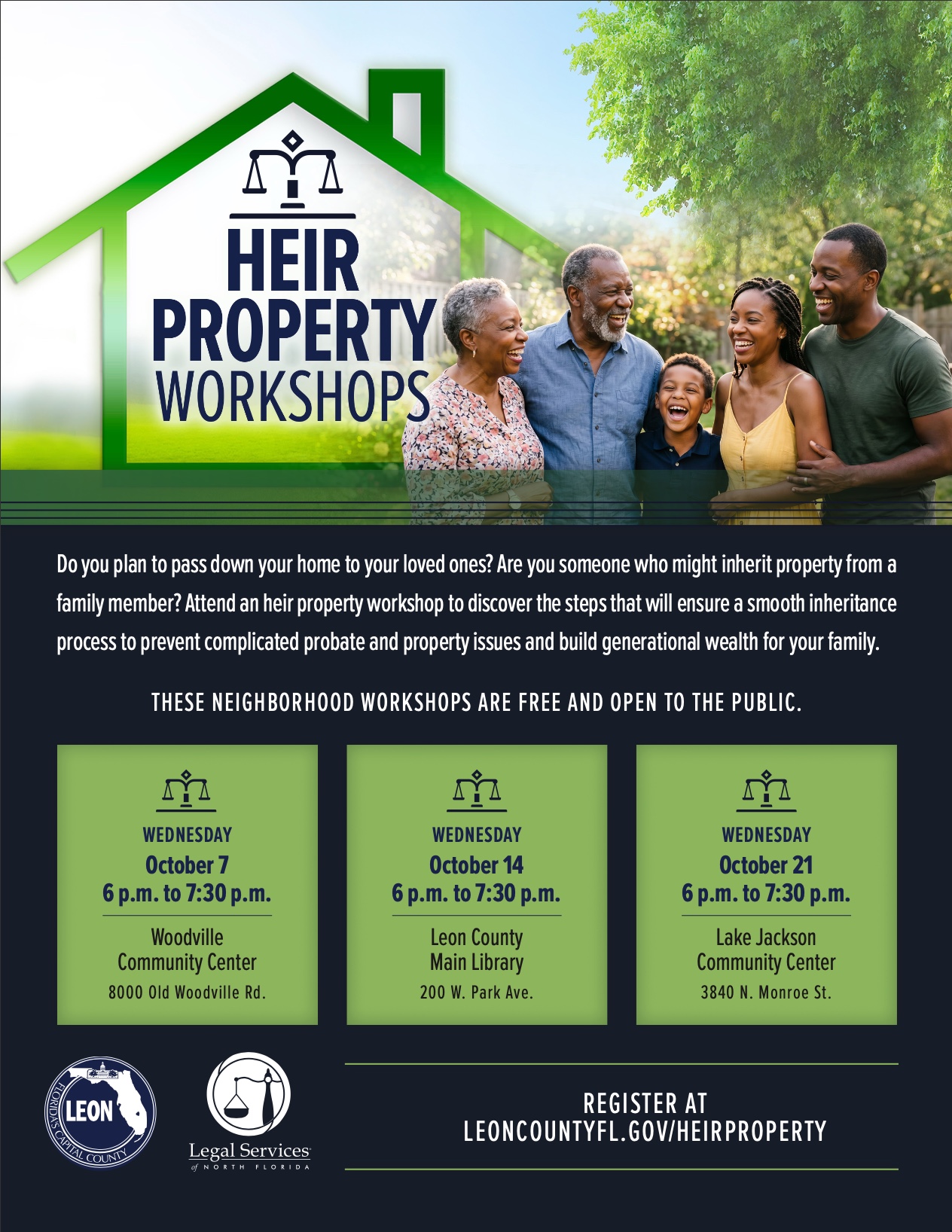 Heir Property Workshop Flyer that contains the dates and locations for three workshops in the Leon County area 
