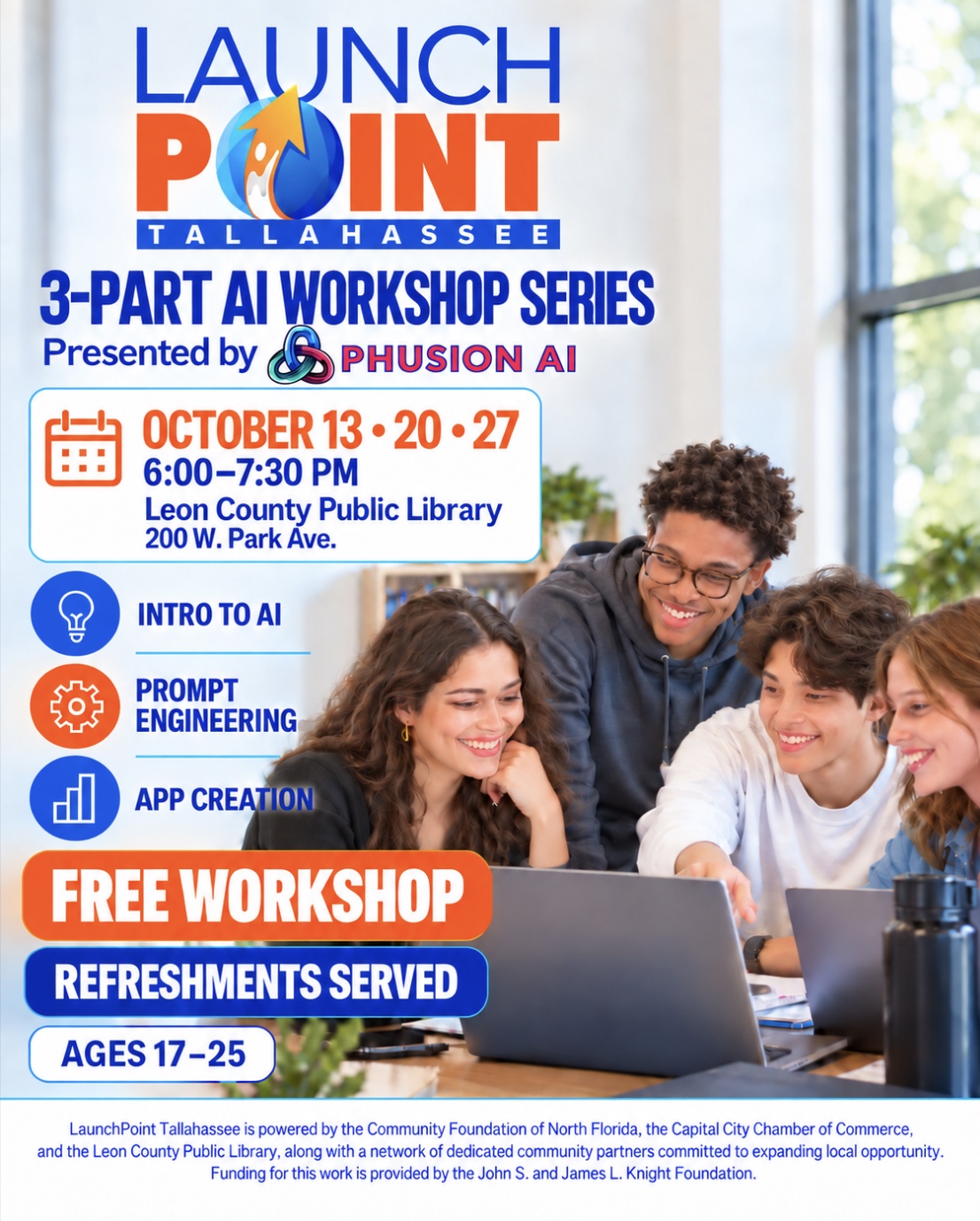 Informational Graphic for a 3-Part AI Workshop series presented by Phusion AI and sponsored by Launch Point Tallahassee. These workshops will take place from October 13, 20, and 27 at the Leon County Public Library. 